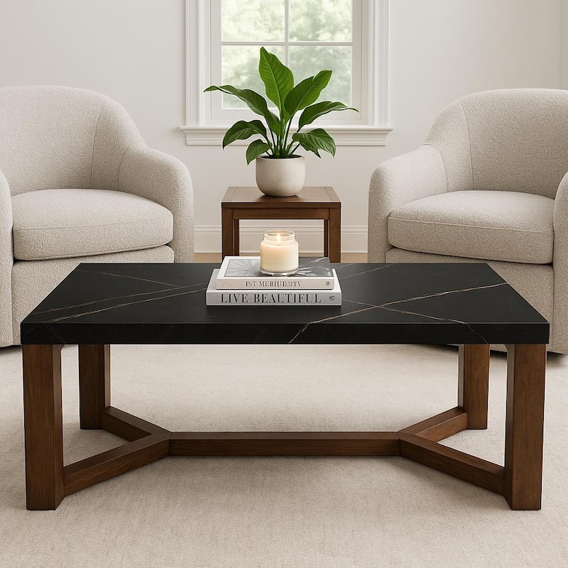 Strata Belmont Coffee Table Marble Inspired Top Wood Legs Modern Decor
