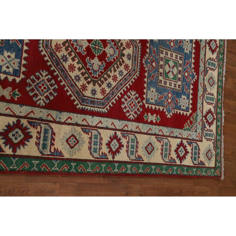 Red Geometric Kazak Runner Rug Handmade Wool Carpet - 4'0" x 13'5"