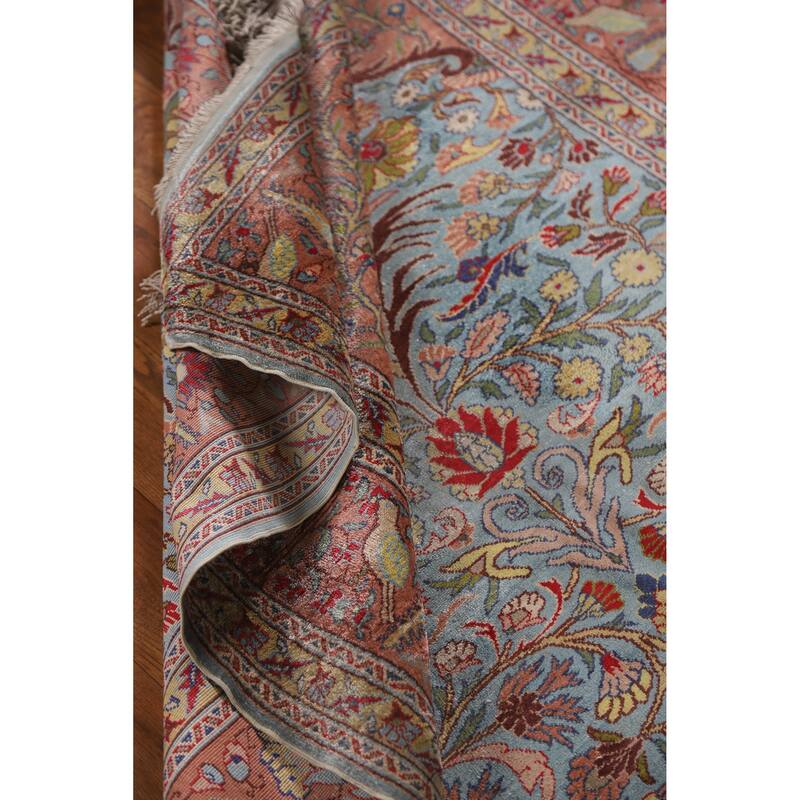 Hand Knotted Oriental Silk Carpet Traditional Floral Navy Blue & Blues Hereke Area Rug - 4' 10'' X 3' 3''