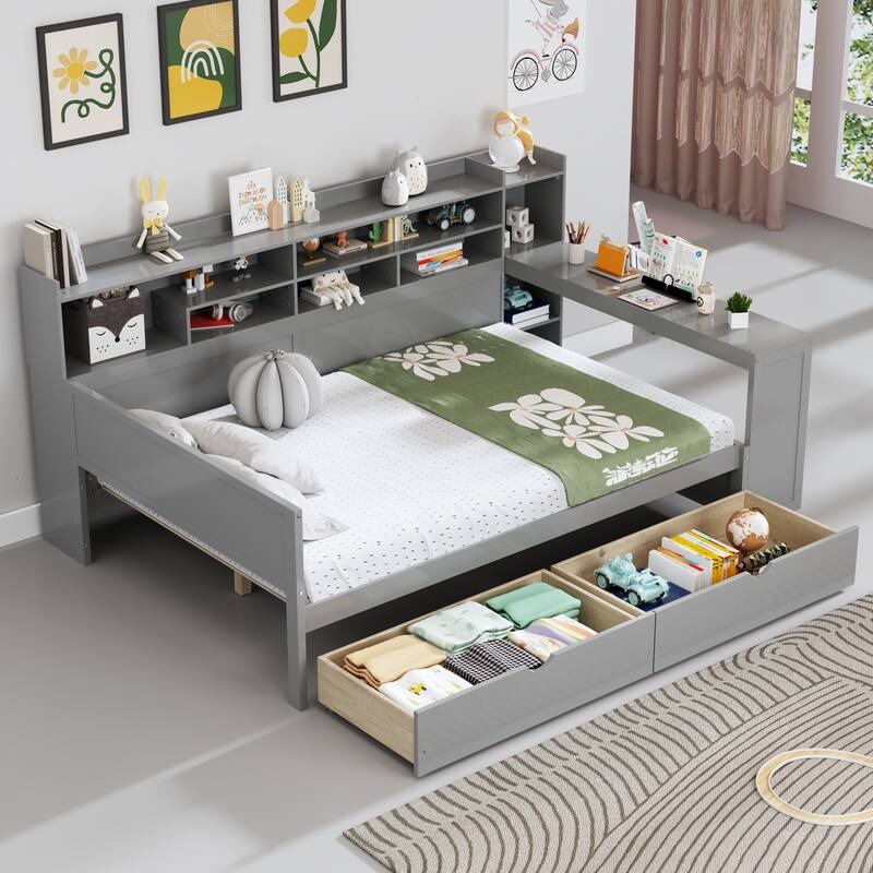 Full Size Wooden Daybed Platform Bed with Recessed Desk Storage Shelves and 2 Drawers Under Bed for Compact Spaces, Bedroom