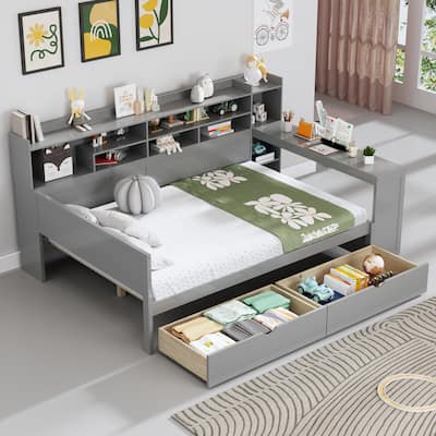 Wooden Full Size Daybed with Storage Shelves, Multi-functional Bed with Two Storage Drawers and Study Desk, Gray