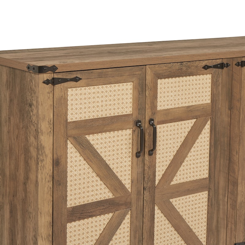 Faux Rattan Sideboard with Barn Door, Wooden Storage Cabinet with Metal Handles, Buffet Cabinet with Adjustable Shelves