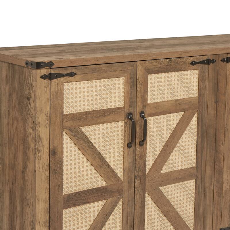 Rustic Faux Rattan Sideboard Adjustable Shelves Buffet Cabinet, Living Dining Room Accent Cabinet TV Cabinet Console Table, Oak