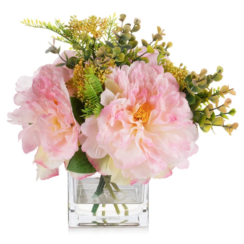 Mixed Silk Peony Flower in Clear Glass Vase With Faux Water for Dining Table Decoration, Home Wedding - Pink