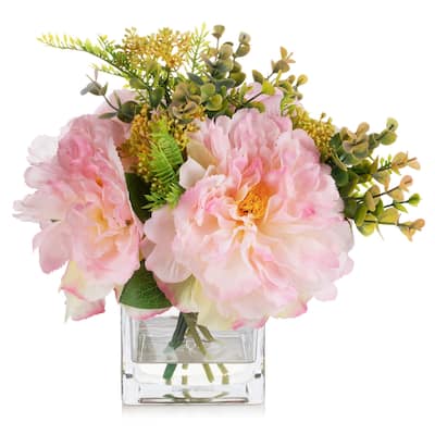 Mixed Silk Peony Flower in Clear Glass Vase With Faux Water for Dining Table Decoration, Home Wedding
