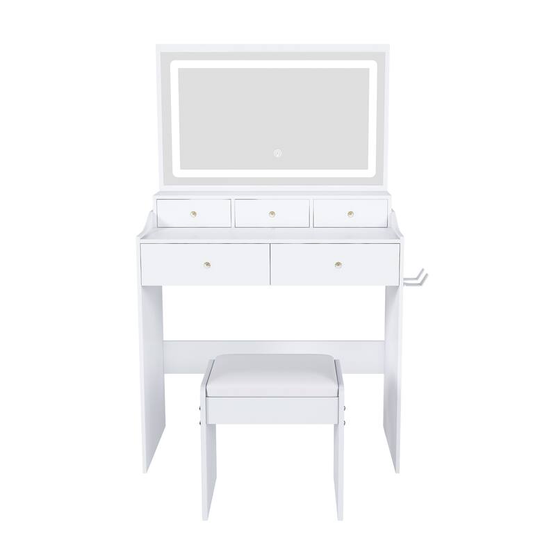 Large Mirror Vanity Desk for Bedroom, Modern Makeup Vanity with Power Outlet and Hair Dryer Holder, Dressing Table & Stool Set