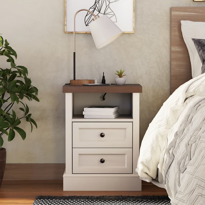 COZAYH Farmhouse Nightstand with Charging Station, Vintage Bedside Table Featuring Outlet & USB Ports, 2 Drawers and Open Shelf