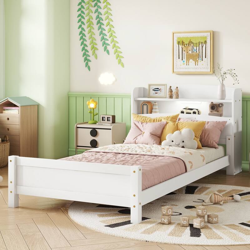 Pine Wood Bed with Bookcase Headboard