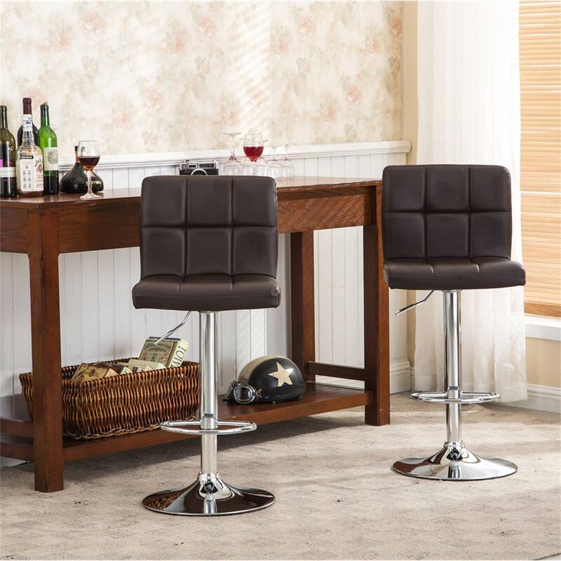 Swivel Faux Leather Adjustable Hydraulic Bar Stool,Set of 2 - Brown