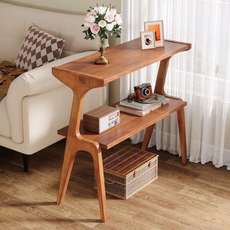 Narrow End Table for Living Room, 2-Tier Slim Sofa Side Table - Brown