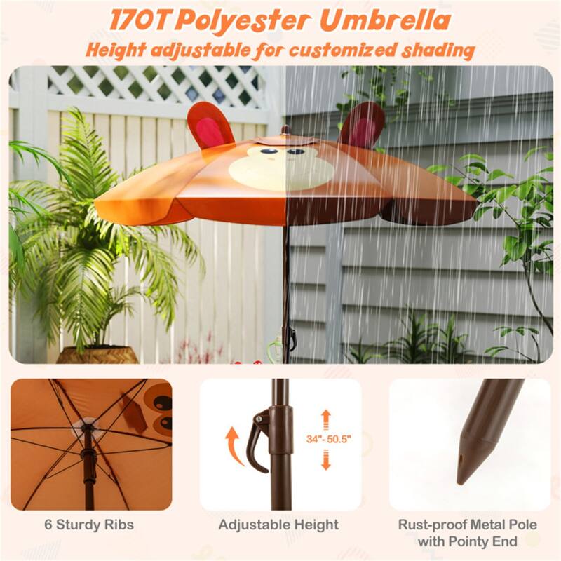 Kids Outdoor Picnic Table and Chair Set with Adjustable Umbrella Lion Pattern Foldable Table and Chairs for Ages 2-5