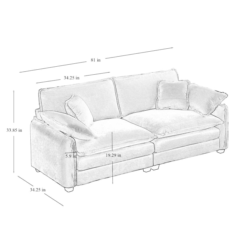 Oversize Loveseat, 81'' 2 Seater Corduroy Couch with 4 Pillows and Removable Armrests, Modern Love Seat for Living Room, Office