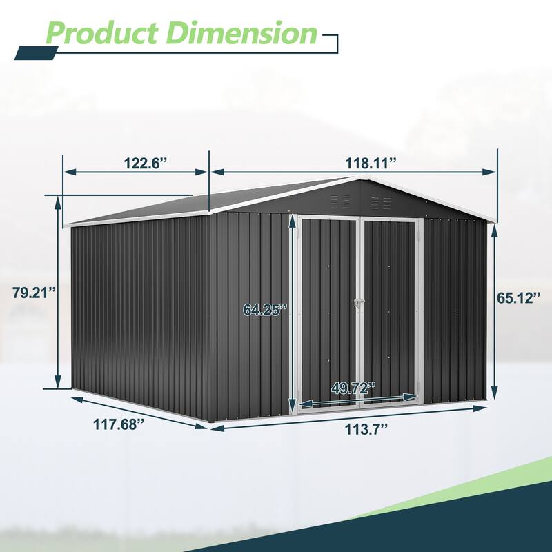 10x10 FT Outdoor Storage Shed, Utility Metal Tool Storage with Lockable Doors and Updated Frame Structure, Large Metal Shed