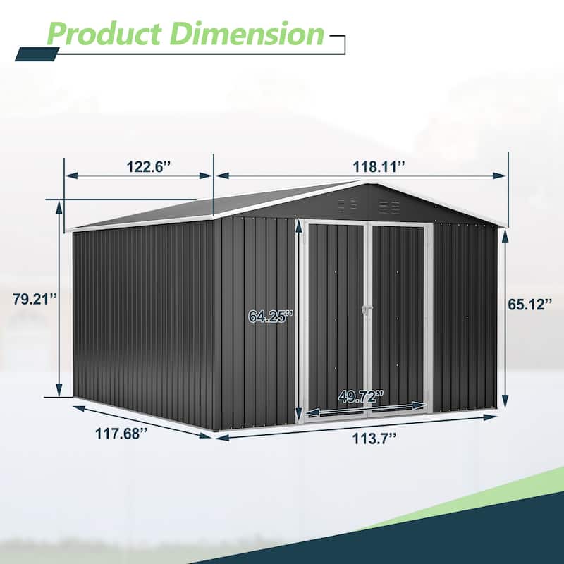 GDFStudio - Cassandra Large 10 x 10 FT Outdoor Metal Storage Shed with Lockable Doors