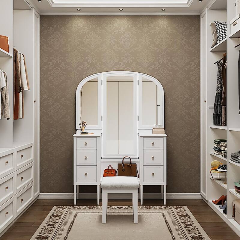 Makeup Vanity Desk with Triple Mirror, 6-Drawer Dressing Table Set Including Stool, Full Length Mirror - White