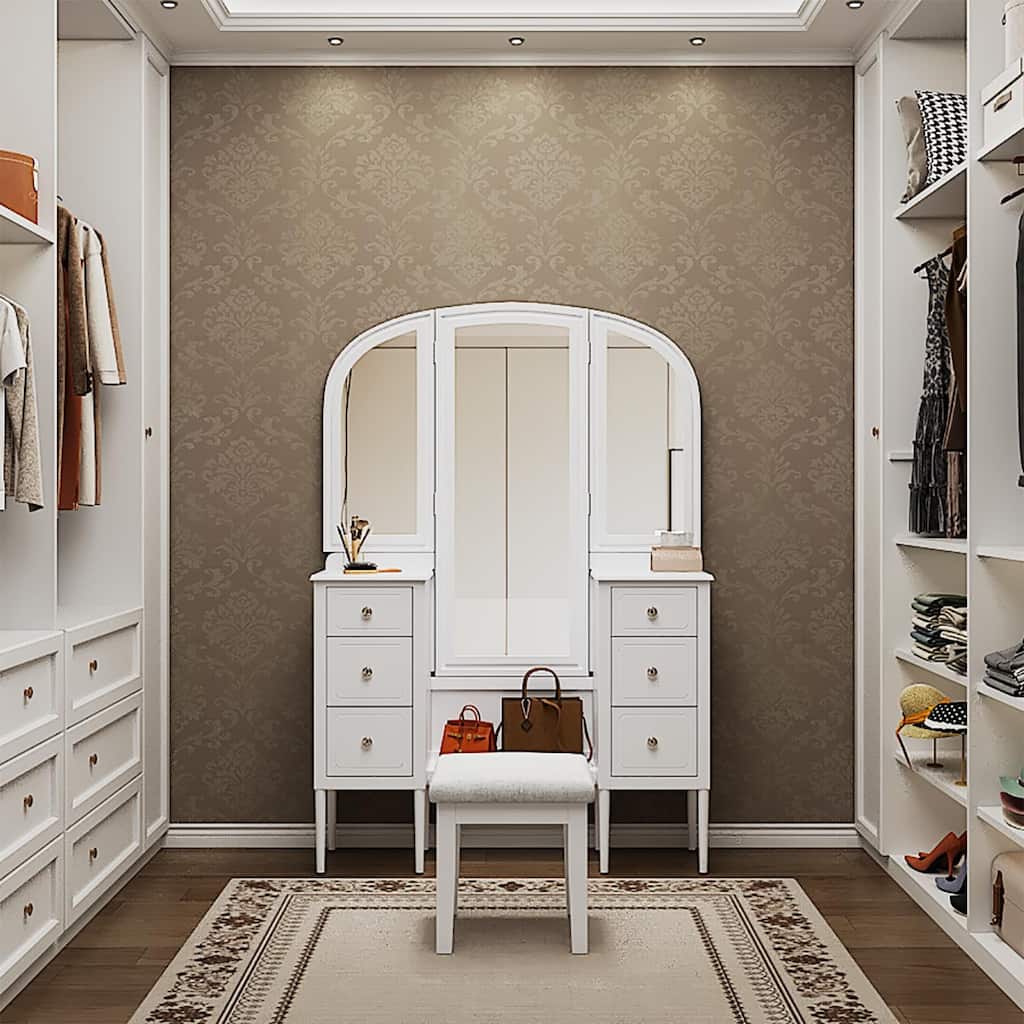 Makeup Vanity Desk with Triple Mirror, 6-Drawer Dressing Table Set Including Stool, Full Length Mirror