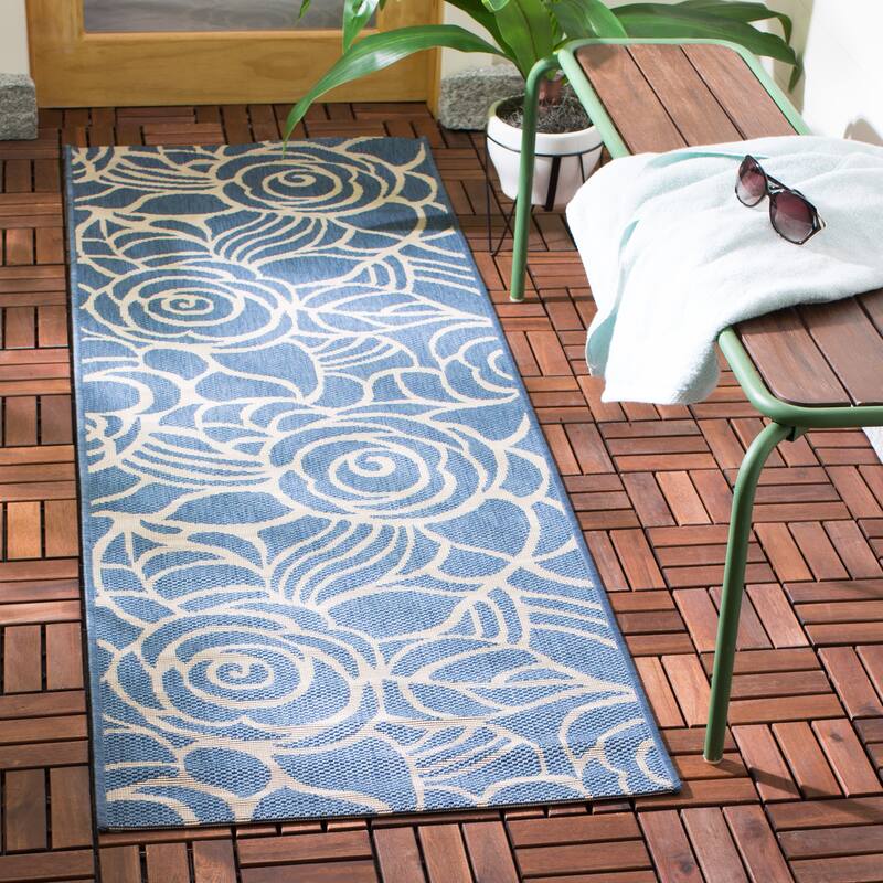 SAFAVIEH Courtyard Lorrayne Floral Geo Indoor/ Outdoor Area Rug - 2'7" x 8'2" Runner - Blue/Beige