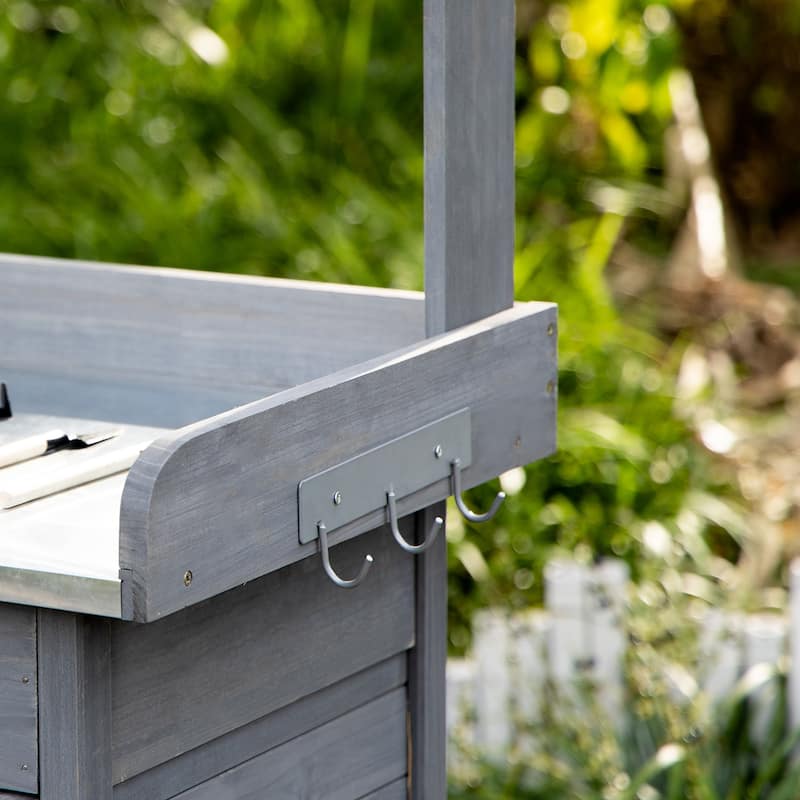 Garden Potting Bench Table, Wood Work Station with Storage Cabinet, Patio Workstation with Open Shelf and Steel Tabletop