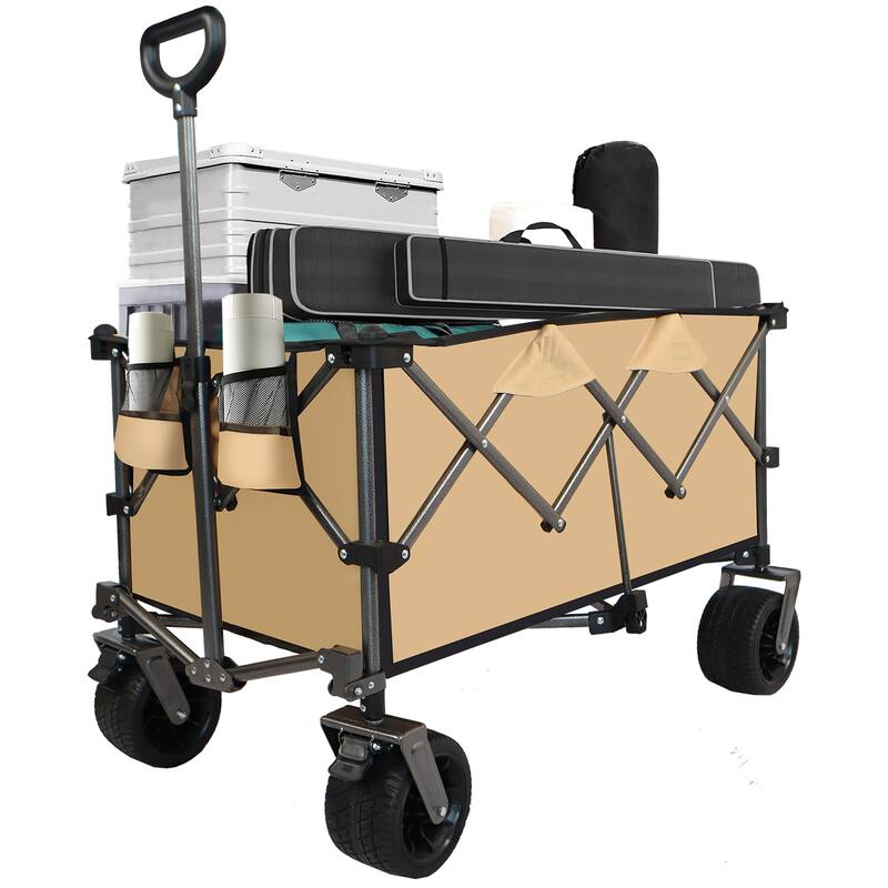Heavy-Duty 360lb Folding Utility Wagon - All-Terrain Quiet Wheels with Adjustable Handle & Cup Holders, Gray-Brown