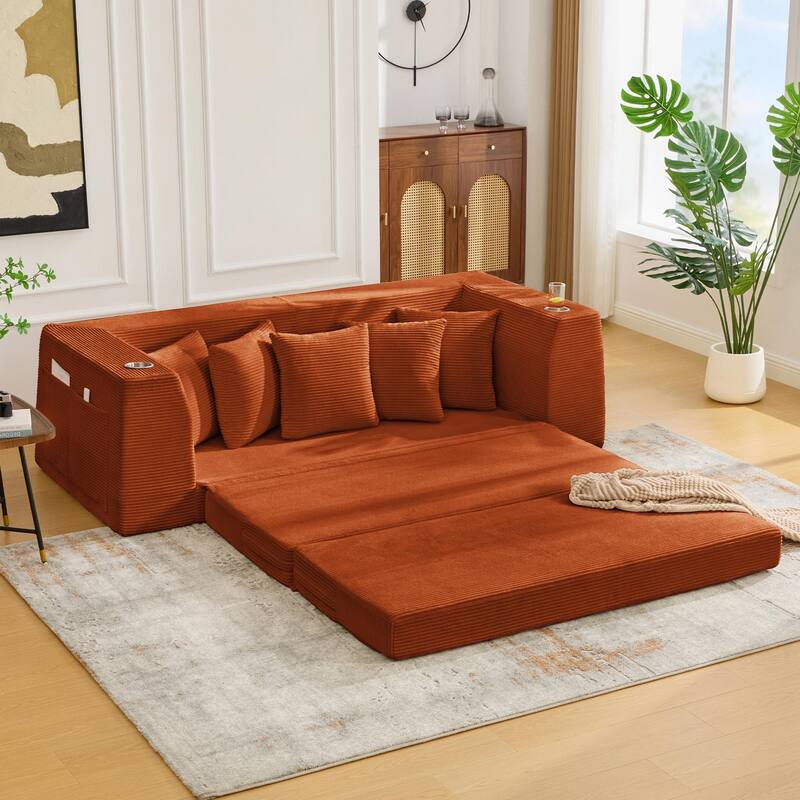 2 in 1 Convertible Sofa Bed, Sleeper Sofa with Storage Pockets, Pull Out Loveseat Couch with Two Cup Holders