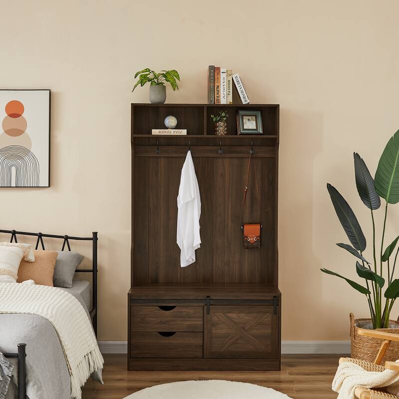 Hall Tree with Coat Rack, Bench, Drawers - Brown