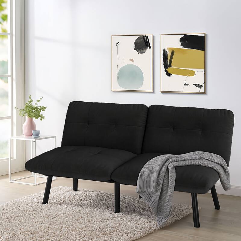 Classic Velvet Upholstered Convertible Futo Sofa Bed with Adjustable Split Backrest - Black