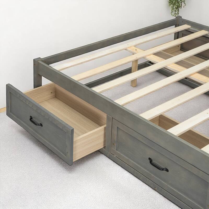 Full/Queen Platform Bed with 6 Storage Drawers, Modern Wood Frame with Slats, No Box Spring Needed