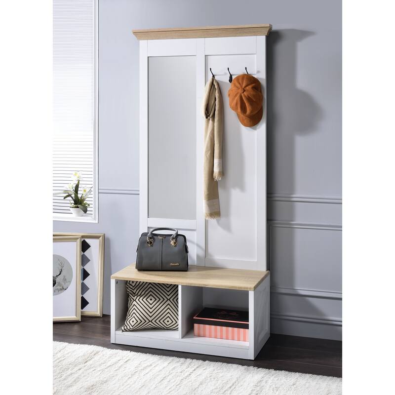 Modern Hall Tree with Full-Length Mirror, Bench, and Open Storage in Light Oak & White Finish