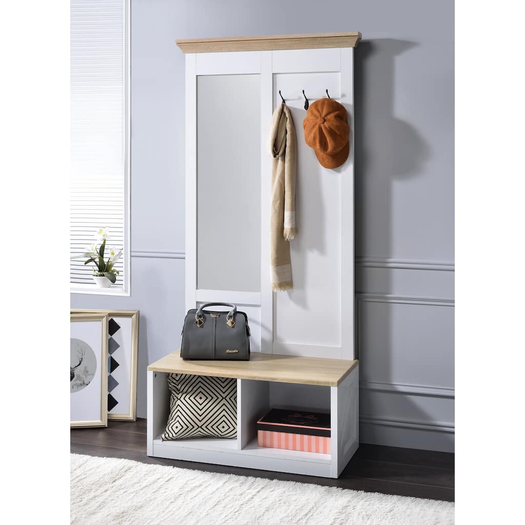 Modern Hall Tree with Full-Length Mirror, Bench, and Open Storage in Light Oak & White Finish