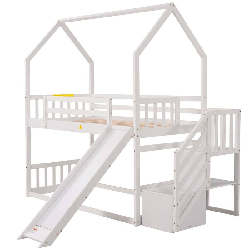 Convertible Twin Bunk Bed with Slide and Storage Staircase, White