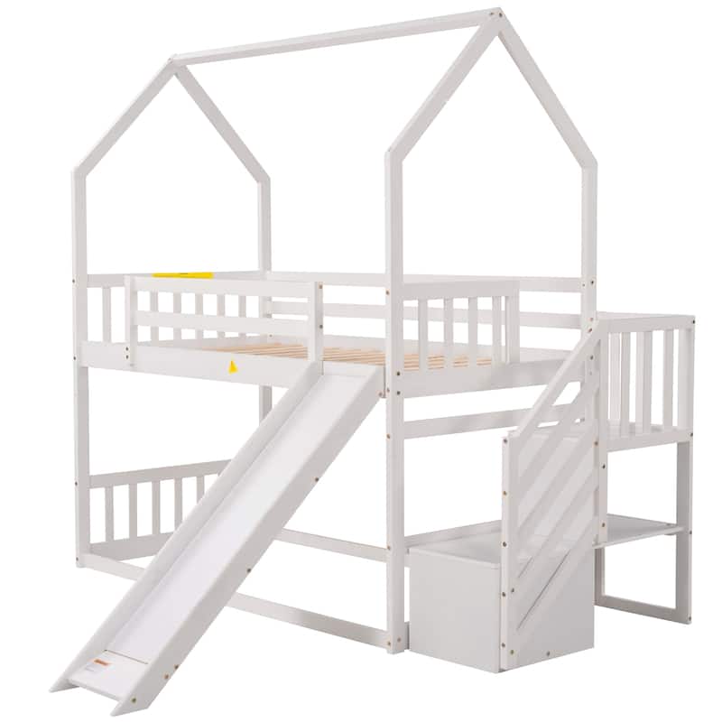 Roomfitters Twin over Twin House Bunk Bed with Convertible Slide and Reversible Storage Staircase