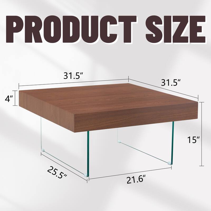 Square MDF Coffee Table - 31.5"x31.5" with Tempered Glass Legs.Density Board Sticker,Reinforced Glass Legs