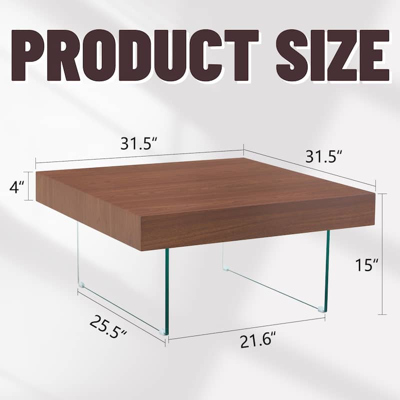 Walnut Colored Square Mdf Coffee Table - 31.5"X31.5"With Tempered Glass Legs.Density Board Sticker,Reinforced Glass Legs