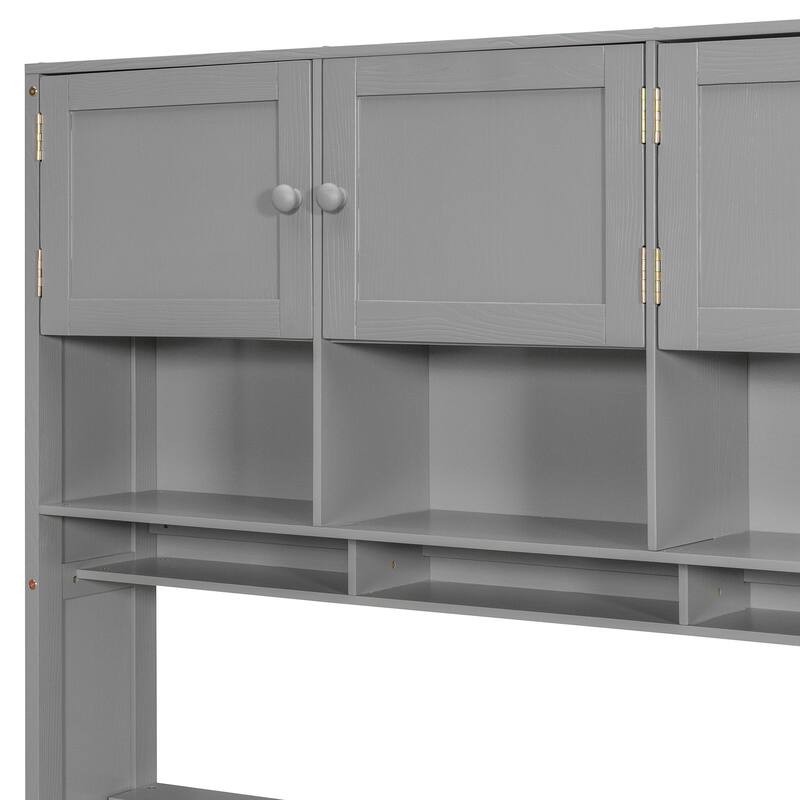 Roomfitters Wooden Twin Size Platform Bed with Integrated Desk, Wardrobe, and Multi-Level Storage Cabinets, LED Lighting