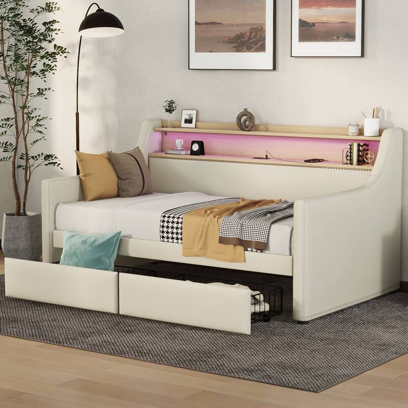 Twin Size PU Leather Upholstered Daybed with Trundle,Charging Station and LED Lights