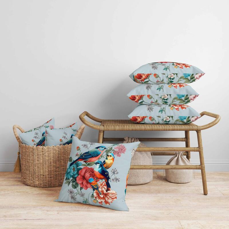 Petal Perched Birds Faux Suede Reversible Throw Pillow Mint and Red