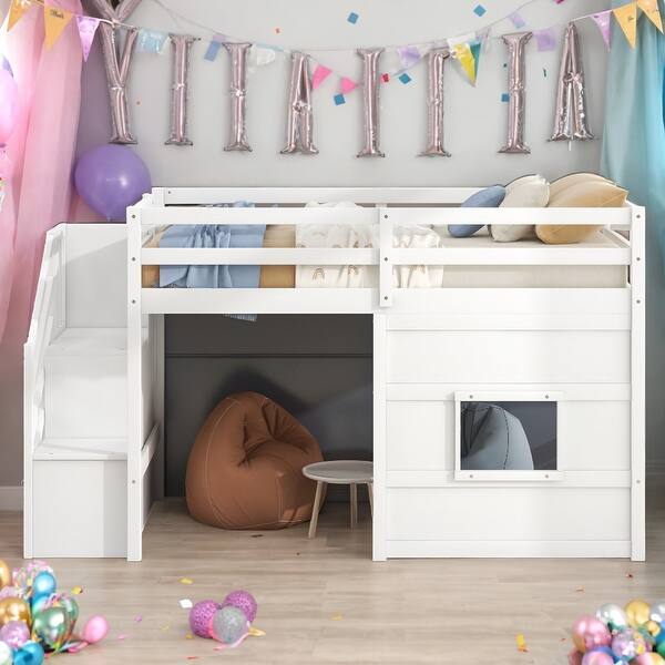 slide 2 of 20, Twin Size Playful Design Loft Bed with Storage Staircase and Window, No Box Spring Required, Sturdy Wood Frame, White White