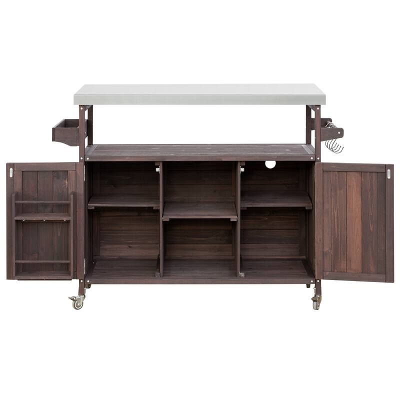 Stainless Steel Top Kitchen Island on Wheels, Outdoor Kitchen Cart, Dark Brown Solid Wood Storage Cabinet with Removable Shelfs