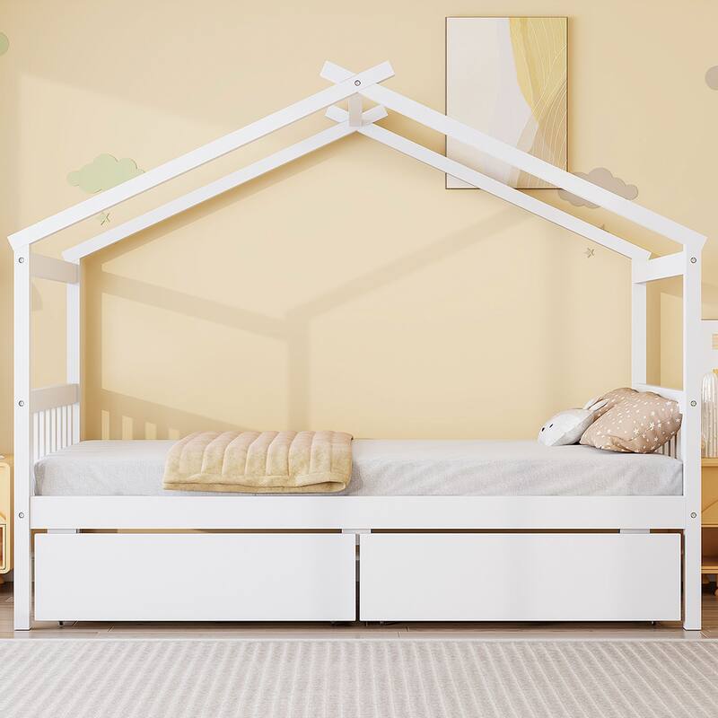 Platform Bed for Kids House Bed with Storage Drawers and Headboard - White - Twin