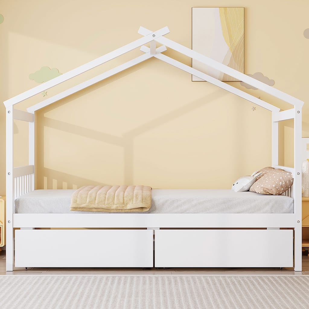Platform Bed for Kids House Bed with Storage Drawers and Headboard
