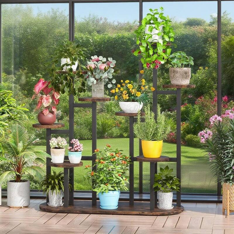 Black-Brown Metal Particleboard Multi-Tier Plant Stand for 11 Pots - 39.37” W x 43.3” H
