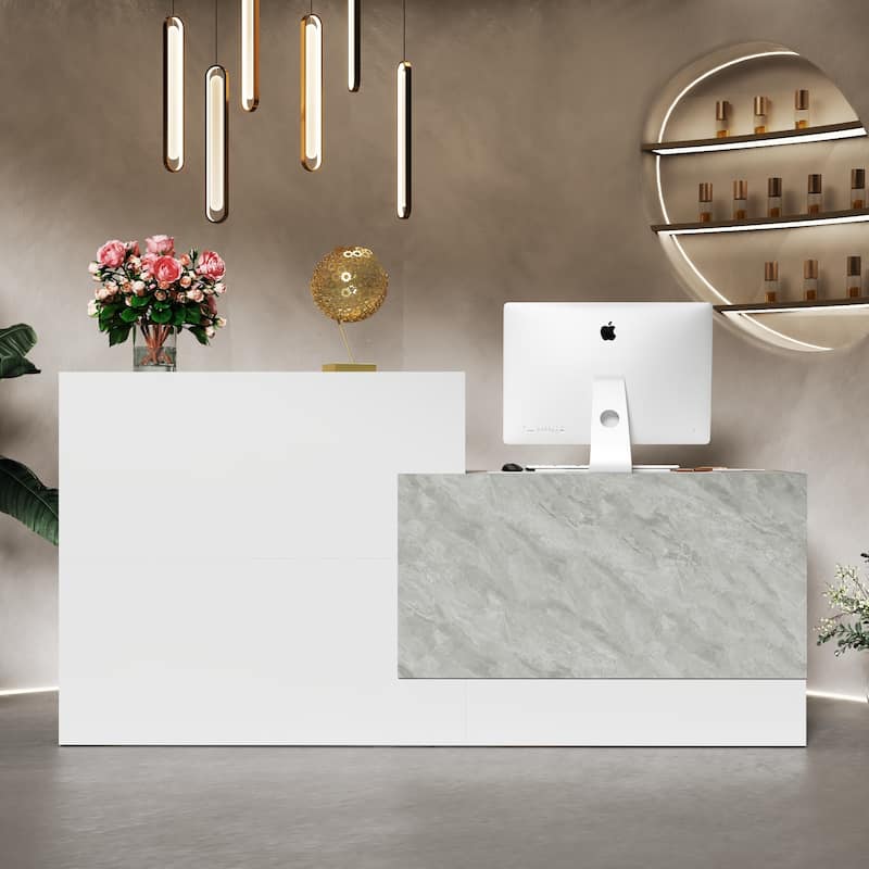White and Marble Reception Desk with Computer Surface and 4 Shelves