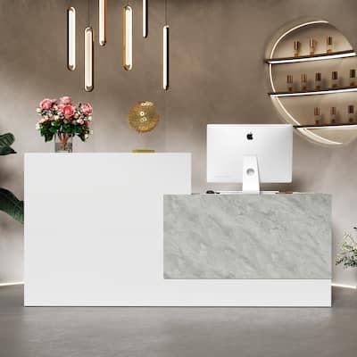 White and Marble Reception Desk with Computer Surface and Storage Shelves