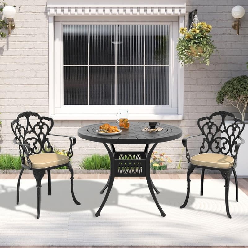 3/5 Piece Cast Aluminum Outdoor Dining Set with 39.37 in. Round Table and Seat Cushions - Black( 3-Piece Sets-C)