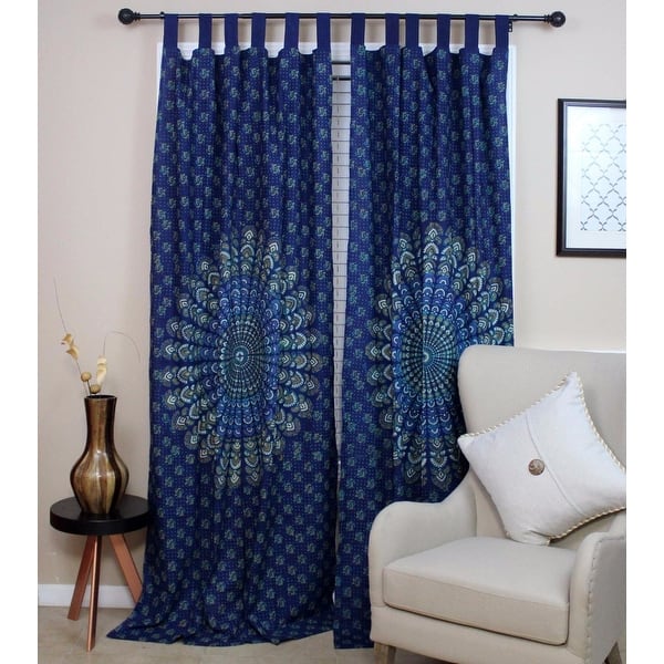 Shop Sanganer Peacock Floral Design Cotton Tab Top Curtain Drape