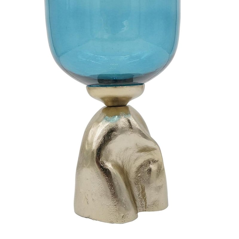 21" Blue White And Gold Ombre Glass And Aluminum Pedestal Table Vase - 8.00