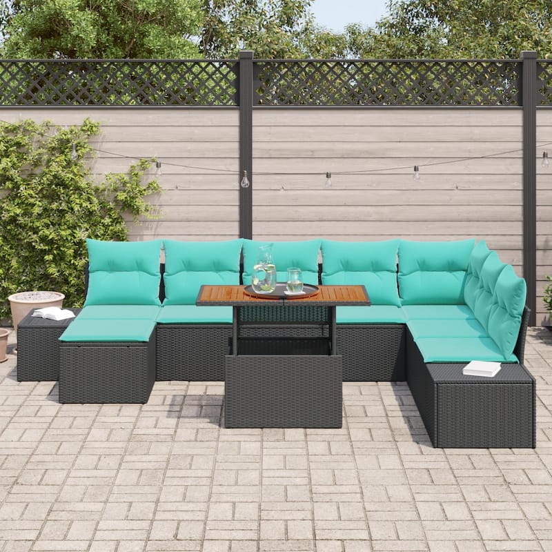 vidaXL 9 Piece Garden Sofa Set with Cushions Black Poly Rattan - 125.6×60.6×27.2