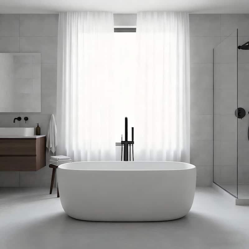 Solid Surface Freestanding Soaking Bathtub with Center Drain and Pop-up Drain, Modern Tubs with Overflow