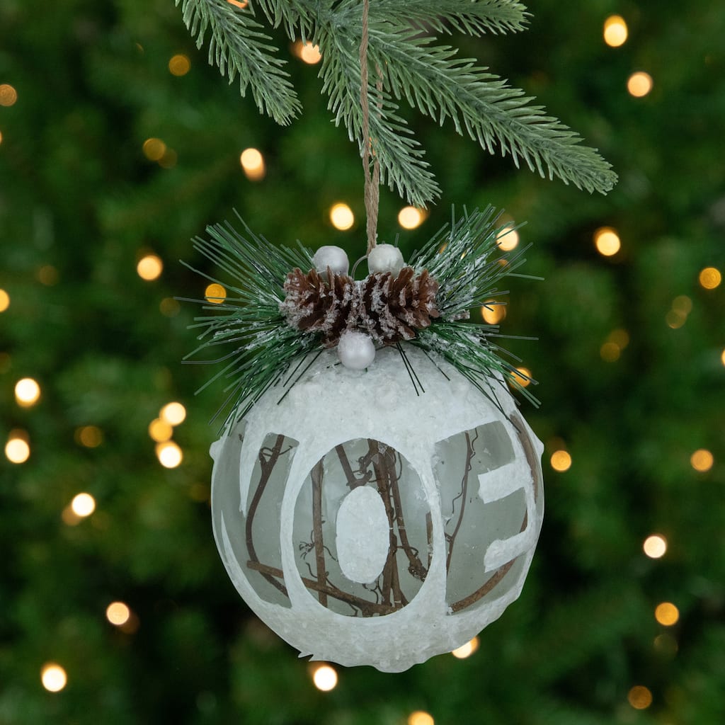 5" White Frosted NOEL With Holly and Berries Christmas Glass Ornament