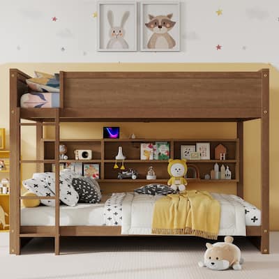 Queen Over Queen Bunk Bed with Storage Cabinets,Charging Station,Ladder,Safety Guardrails